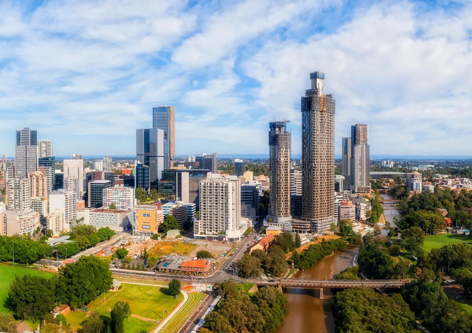 The Parramatta skyline and the Parramatta River, with the LIHE campus marked